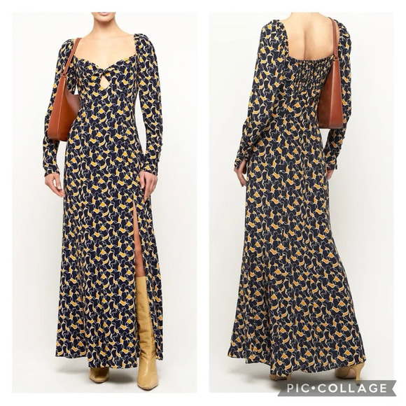 STAUD | Josephine Navy Abstract Wave Long Sleeve Cutout Slit Dress New NWT 2 - Picture 3 of 12